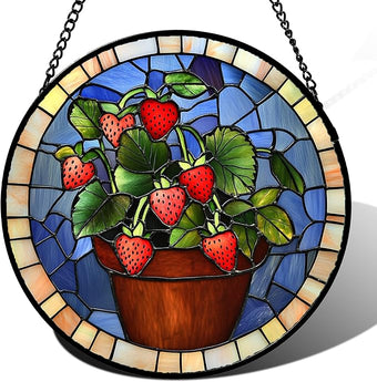 Stained Glass Window Hanging Red Strawberry Potted Plants 7.8" - Suncatcher Door Garden Sun Catcher Fall Home Decor Birthday Christmas for Mom Men Woman Nana Friend