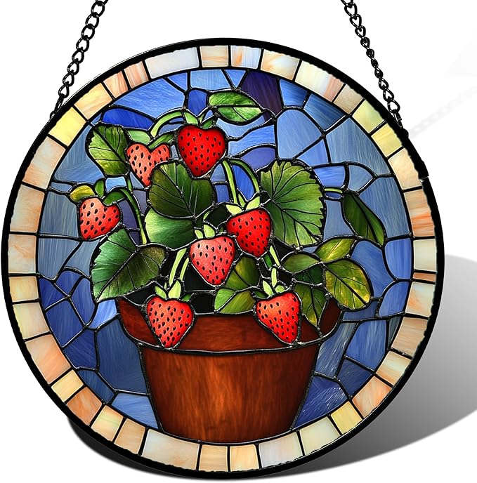 Stained Glass Window Hanging Red Strawberry Potted Plants 9.8" - Suncatcher Door Garden Sun Catcher Fall Home Decor Birthday Christmas for Mom Men Woman Nana Friend