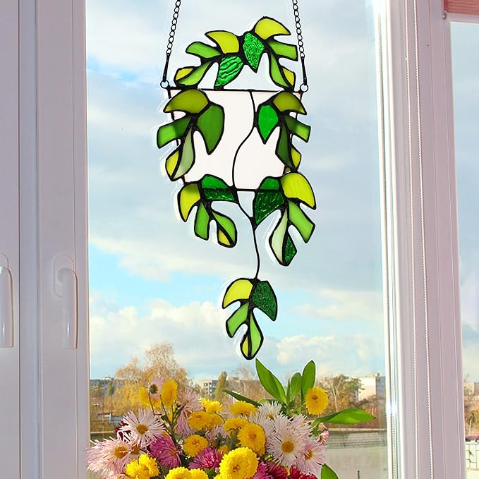BOXCASA Stained Glass Window Hanging - Handmade Monstera Leaf Suncatcher for Plant Lovers,Plant Gifts for Women,Grandma,Mother's Day,Christmas