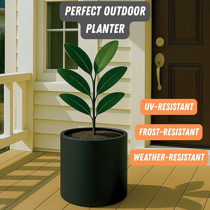 Fox & Fern Large 12 Inch Black Plant Pot — Premium Lightweight Fiberstone Matte Black Planter w Drainage Plug; Large Indoor & Outdoor Planter; 12 Inch Pots for Plants; Weather Resistant & UV Resistant