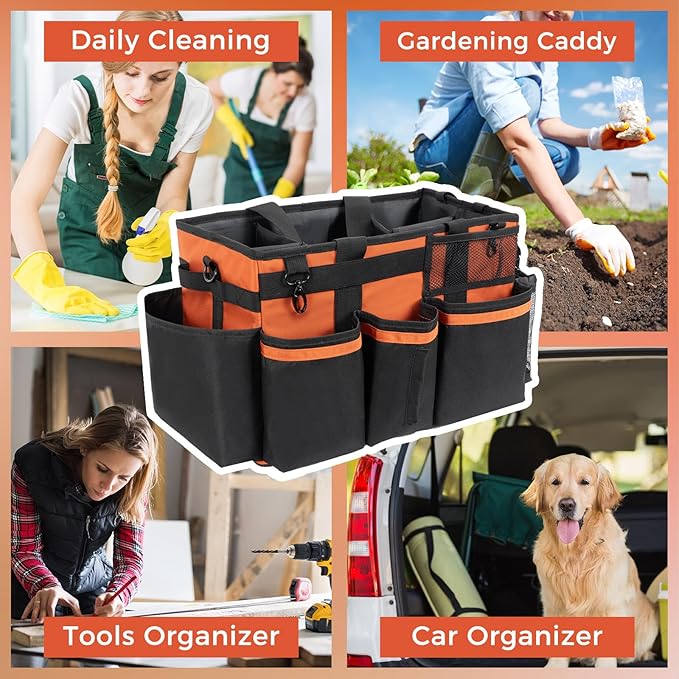 Wearable Cleaning Caddy, Cleaning Caddy Supplies Organizer with Handle & Shoulder Straps for Housekeepers, Under Sink & Car Cleaning Tool Organizers Bag with 4 Foldable Divider (RetroOrange)