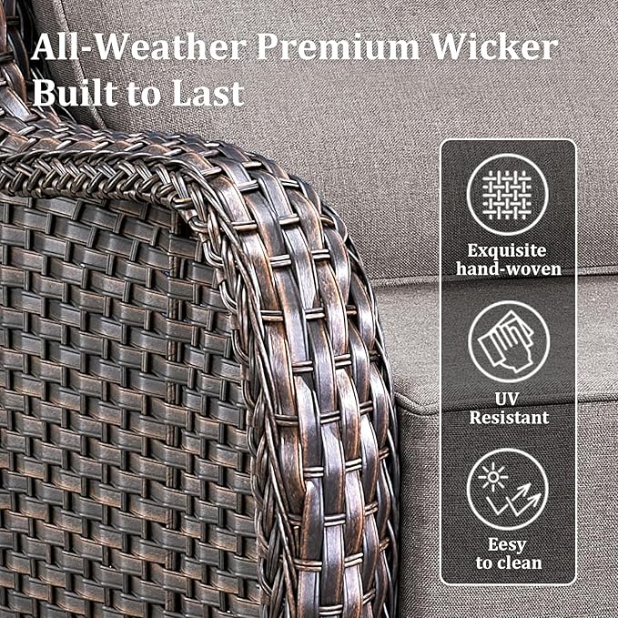 Luxury High Back Patio Furniture Set with 6-Inch Thick Cushions, 5-Pieces Outdoor Furniture with Swivel Chairs, Wicker Conversation Set for Porch, Balcony, Deck and Yard, Brown/Grey