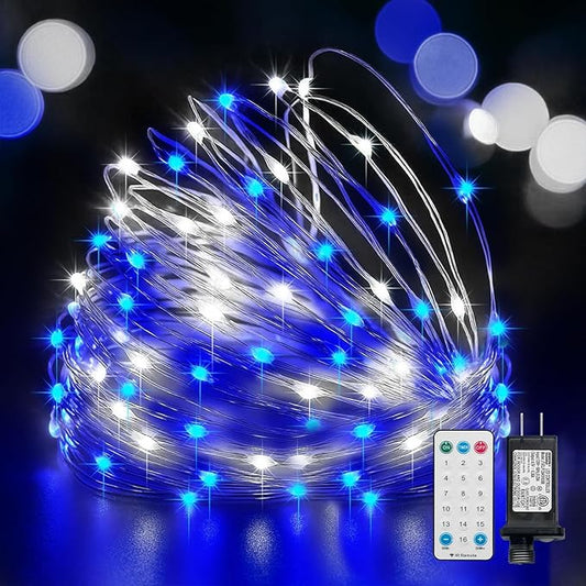 LAMPHOME Fairy Lights Plug in, 33Ft 100 LEDs Waterproof Twinkle Firefly Lights, Adaptor Included, Starry String Lights for Wedding Indoor Outdoor Christmas Patio Garden Decoration, Blue and White