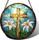 JOSUMALY Christian Gifts for Women - Cross Stained Glass Window Hanging Jesus Easter White Lily Flower Sun Catcher Garden Religion Decor Mother's Day Catholic Gift for Men Grandma Mom Her Nana 6.3"