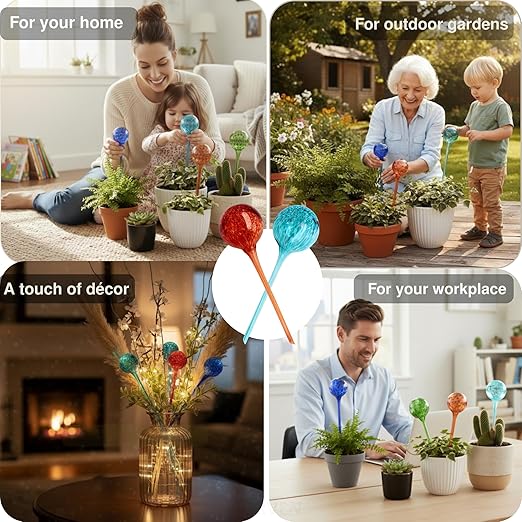 Premium Self Watering Globes, Set of 4 – XLarge 300 ml Automatic Hand-Blown Multicolored Glass Bulbs, Indoor/Outdoor Plant Waterer for Flower Pots & Garden Vacation Irrigation