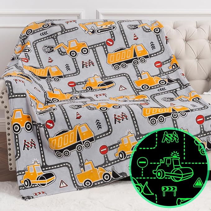 Construction Truck Toys Gifts for Boys - Glow in The Dark Excavator Blanket Birthday Valentines Easter Christmas Decor Presents for Kids Age 1-14 Years Old Teens Child Toddler Son Soft Throw 50"x60"