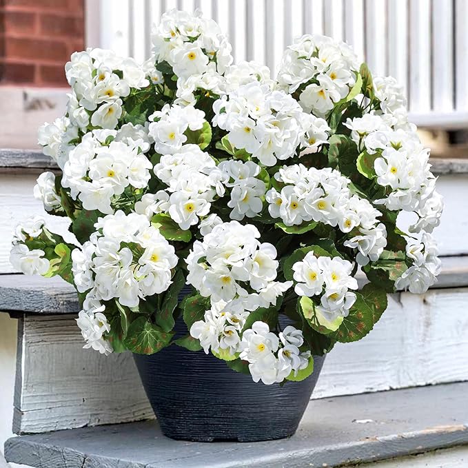 Artificial Geranium Fake Flowers for Outdoors Decoration, 6 Bundles Silk Geraniums White Flower UV Resistant Look Real Faux Plants for Front Door Garden Porch Planter Patio Balcony Yard Indoor Home