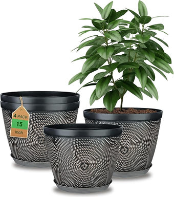 Quarut 15 Inch 4 Pack Large Plant Pots, Plastic Flower Pot for Indoor & Outdoor with Drainage Holes & Saucer, Circle Pattern Planters Garden Pots for Herbs