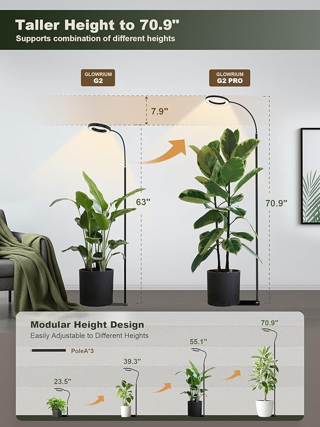 GLOWRIUM 24W LED Grow Light for Indoor Plants, 23.5-71" Adjustable Height, 3-Growing Full Spectrum for Tall Grow Light, High PPFD, 3/9/12/16H Timer, 6-Level Dimming, Ideal for Large Tall Plants