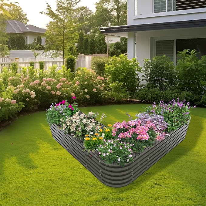 A ANLEOLIFE 6 Set Heart-Shaped Galvanized Raised Garden Beds Outdoor,81x81x18in Large Metal Planter Box for Planting Vegetables Flowers Herb, Anti-Rust & Easy-Setup, Quartz Grey