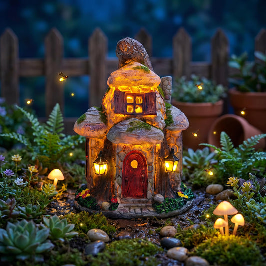 COWOS Fairy Garden House Statue with Solar LED Lights - Resin Mossy Gnome Cottage Figurine for Outdoor Patio Yard Decor, Whimsical Miniature House Ornament for Lawn, Balcony, and Pathway Decorations