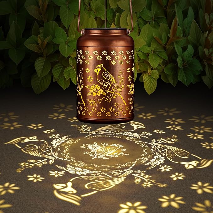Cardinal Solar Lanterns Outdoor Waterproof Garden Decor, Christmas Cardinal Birthday Gifts for Women Mom Grandma,Hanging Metal Solar Lanterns LED Decoration(01-Red Bird)