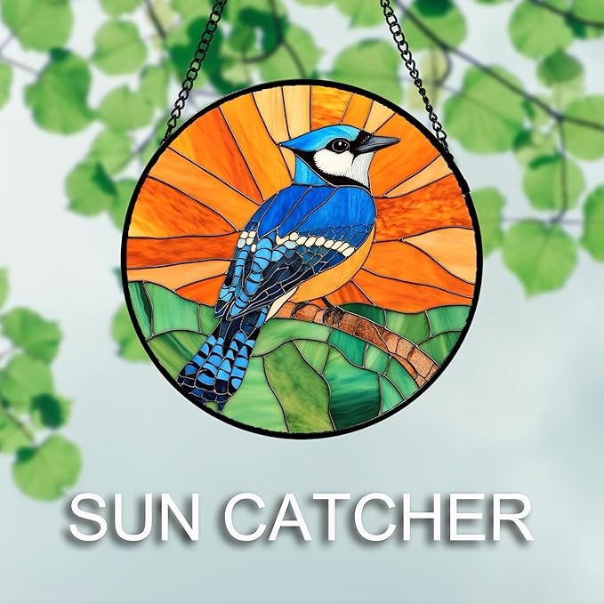 DASTOLL Stained Glass Window Hanging 4 Pcs Set Birds Large 15" - Cardinal Blue Jay Suncatcher Door Garden Sun Catcher Decor Birthday Christmas for Bird Lovers Mom Woman Nana Men