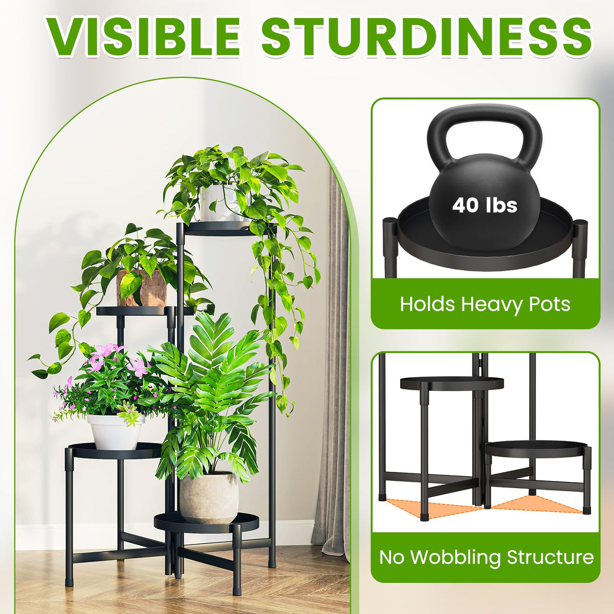Plant Stand Indoor Outdoor, 4 Tier Metal Corner Shelf Black 9 in Wide