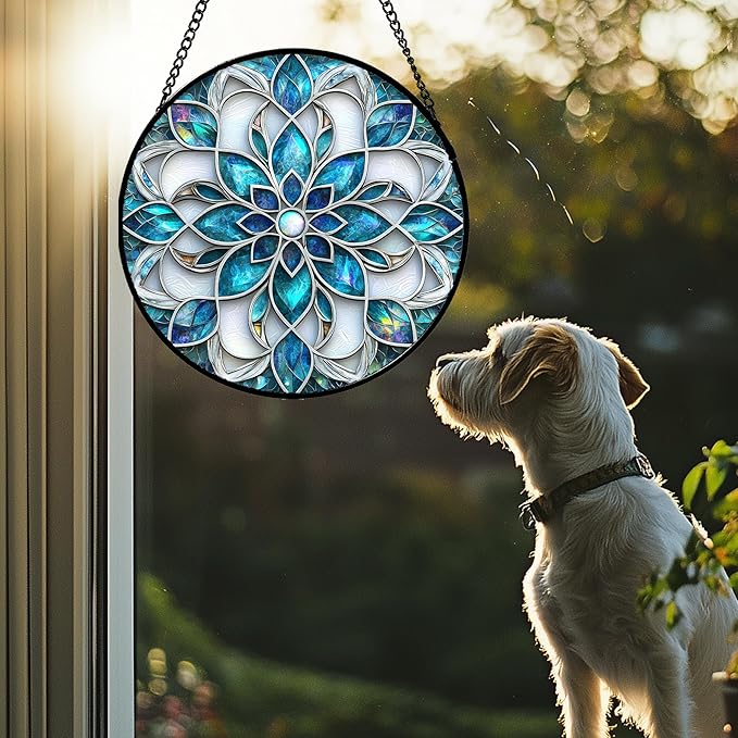 JOSUMALY Stained Glass Window Hanging - Blue White Abstract Flowers Suncatcher for Door Terrace Garden Home Decor Boho Sun Catcher Birthday Gifts for Lovers Women Men Dad Mom Nana 7.8 in