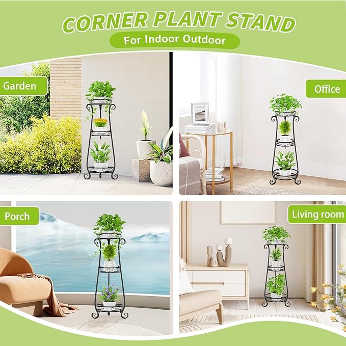KMOTASUO 3 Tier Metal Plant Stand Indoor, 34 Inch Tall Corner Plant Stands for Indoor Plants, Flower Pot Holder Shelf Display Rack for Balcony Garden Patio Living Room(Black)