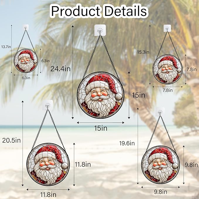 HWRHTR Stained Glass Window Hanging - Red White Santa Claus Suncatcher for Doors Home Christmas Decoration Winter Sun Catcher Thanksgiving New Year Birthday Gifts for Women Men Mom Nana Girl 7.8 in