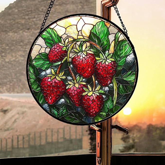 AMDERVEN Stained Glass Suncatcher, Red Strawberry Green Leaf Sun Catcher Silver Background Stain Glass Window Hanging Decoration Mother's Day Birthday Gifts for Women Men Mom Nana 6.3 in