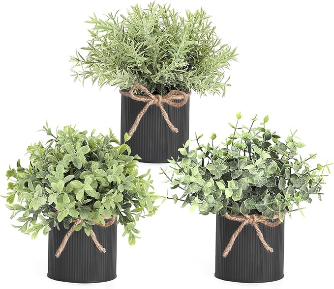 Mkono 3 Pack Small Fake Plants in Black Galvanized Metal Pots Artificial Eucalyptus Plants for Christmas Decorations Shelf Desk Home Farmhouse Room Coffee Table Bathroom Decor