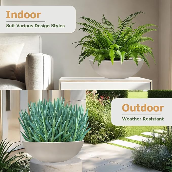 KUTE NEST 7.7" H x 22" D Round Bowl Fiberstone Planter for Succulent and Lotus with Drainage Hole, Smooth Finishes, Weather Resistant, Included 2 Extra Coco Mats (Taupe, 19.9" Pot Opening)