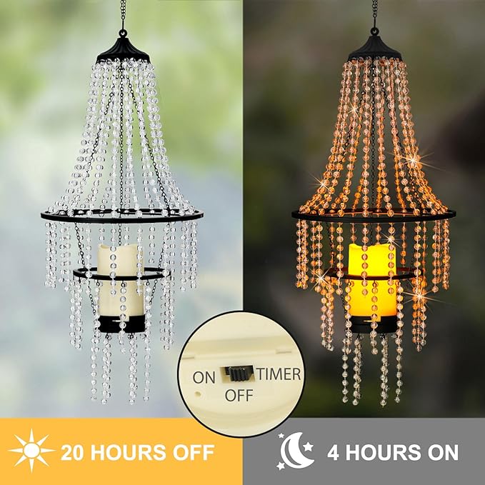 Hanging Candle Lantern Outdoor, 28” Battery Operated Modern Clear Acrylic Crystal Chandeliers with Flickering Yellow Led Candle Light S Hooks for Garden, Backyard, Gazebo, Room Indoor Indoor Decor