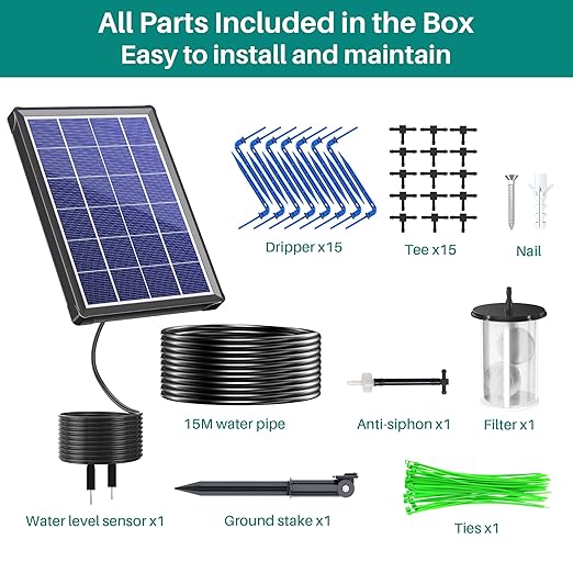 Biling 4W Solar Drip Irrigation System with Digital Programmable Smart Watering, 2200mAh Battery Backup for 15 Potted Plants Outdoor Indoor Garden