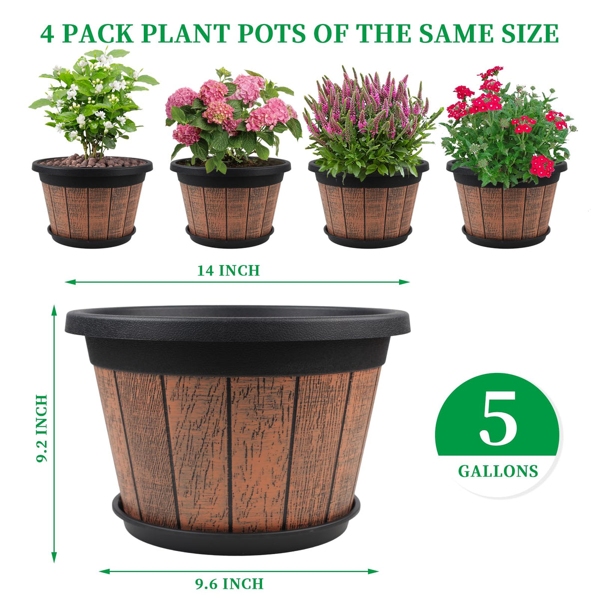 4 Pack 14 inch Plant Pots,Whiskey Barrel Planters with Drainage Holes