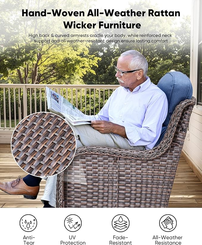 HUMMUH 9 Pieces Wicker Outdoor Furniture Set 6-inch Cushions High Back Patio Sofa Swivel Rocker Chairs Set of 2 with Coffee Table for Porch,Deck,Backyard