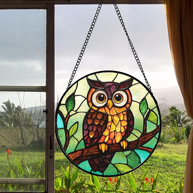 HWRHTR Stained Glass Window Hanging - Owl on a Branch Suncatcher for Doors Window Home Orange Brown Sun Catchers Decor Christmas Mother's Day Birthday Gifts for Teacher Women Men Mom Nana 6.3 in