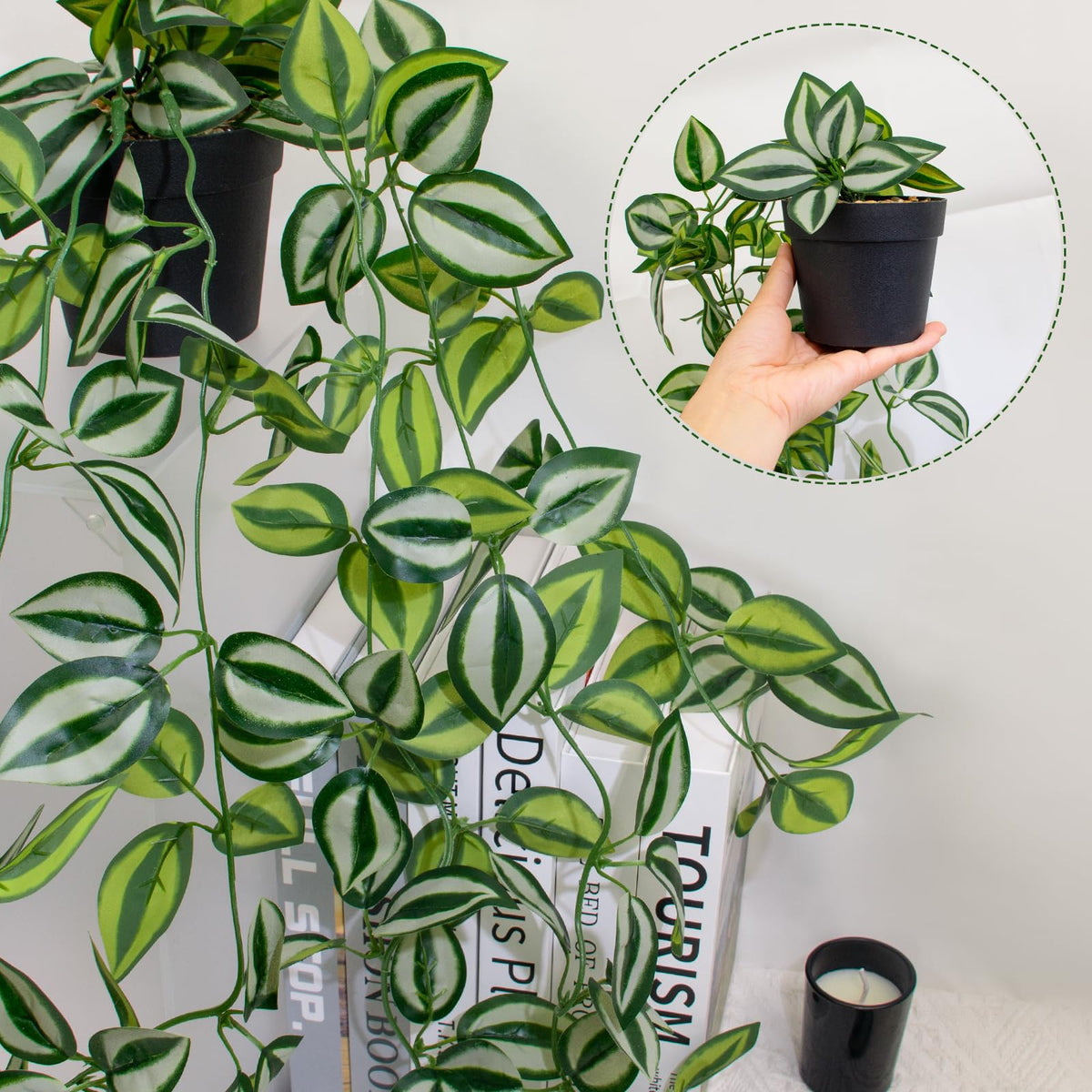 LUZOGA Artificial Plants Indoor Small Potted Hanging Vine plnat 39-in Long Fake Green Eyebrow Leaf Plant Faux Trailing Plant for Home Office Livingroom Desk Shelf Mantle Decoration (Black Pot)