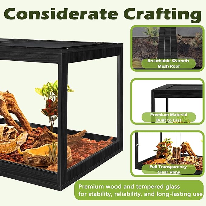 Prolee Tempered Glass Bearded Dragon Tank,Reptile Encloure and Snake Tank with Metal Mesh Roof Door,Locking Design Reptile Tank for Lizard,Gecko,Chameleon (Black, 32 Gallon (32x16x16 Inch))