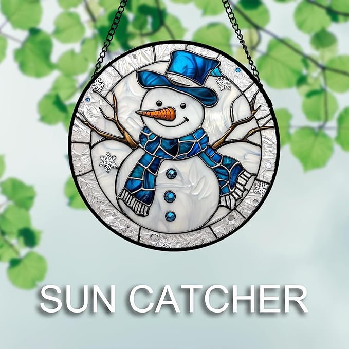DASTOLL Stained Glass Window Hanging Christmas Snowman Blue White Large 15" - Suncatcher Door Garden Sun Catcher Home Decor Birthday Mother's Day Xmas Gift for Mom Men Woman Her Nana Parents Girl
