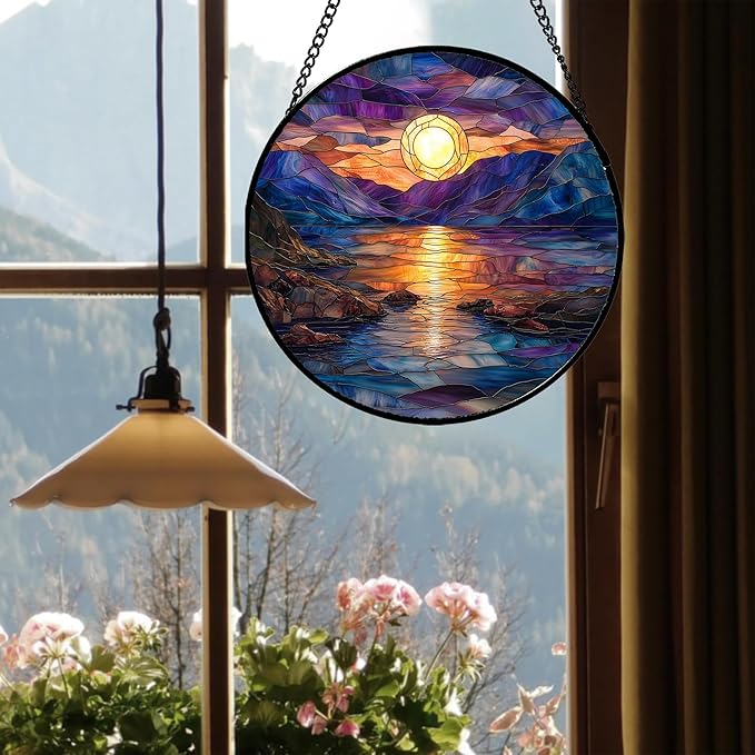 Stained Glass Window Hanging - Blue Purple Lake View Suncatcher for Door Terrace Garden Home Decor Sunset Landscape Sun Catcher Birthday Gifts for Lovers Women Men Dad Mom Nana 15 in