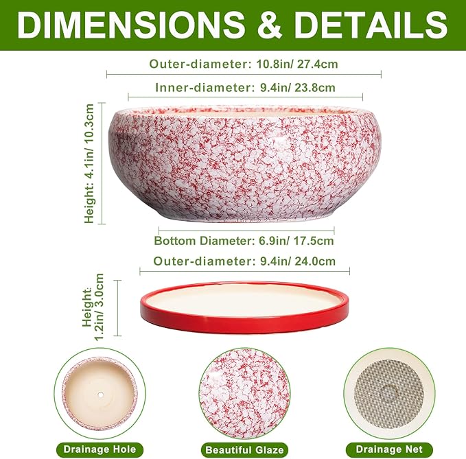 EPFamily Bonsai Pots 10 Inch - Ceramic Succulent Planters for Indoor Plants Outdoor, Succulent Pots with Drainage Hole and Tray, Round Shallow Planter, Bonsai Planter, Home Decor, Gardening Gift, Red