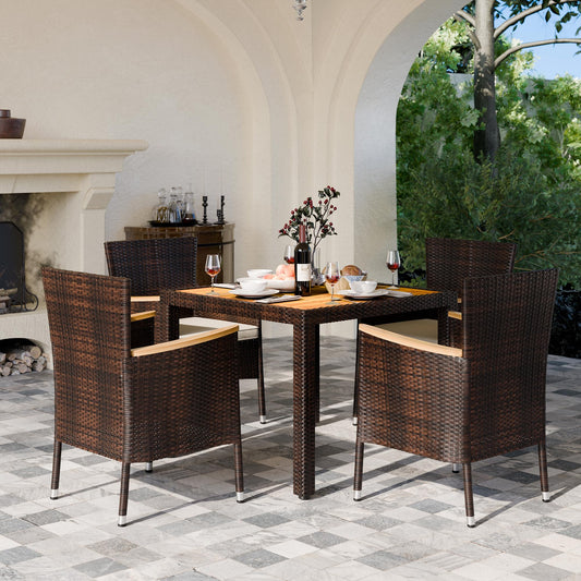 Vongrasig 5 Piece Small Patio Dining Set, Space-Saving Outdoor Wicker Furniture Conversation Set with Wood Table and Cushioned Rattan Chairs for Lawn, Garden, and Backyard (Brown)