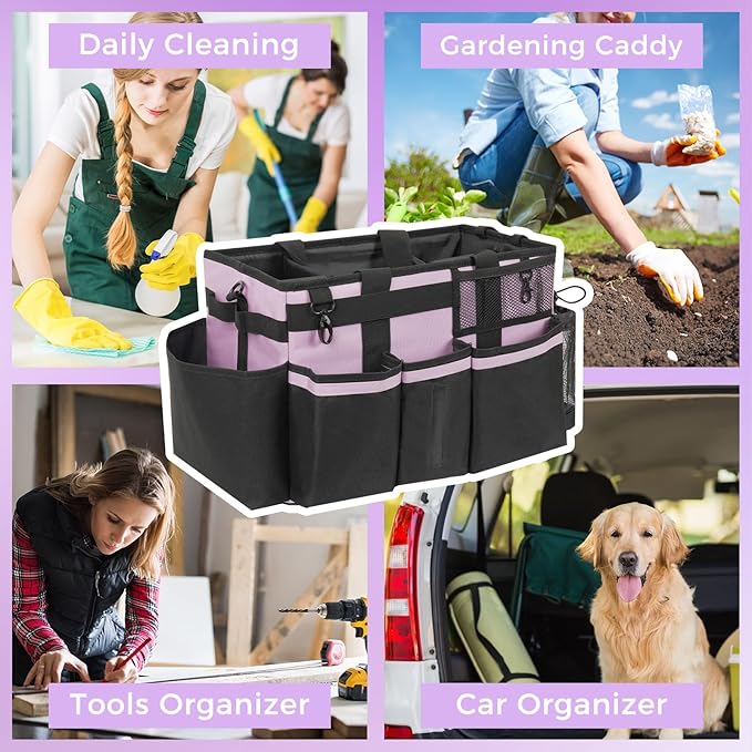 Wearable Cleaning Caddy, Cleaning Caddy Supplies Organizer with Handle & Shoulder Straps for Housekeepers, Under Sink & Car Cleaning Tool Organizers Bag with 4 Foldable Divider (Lilac)