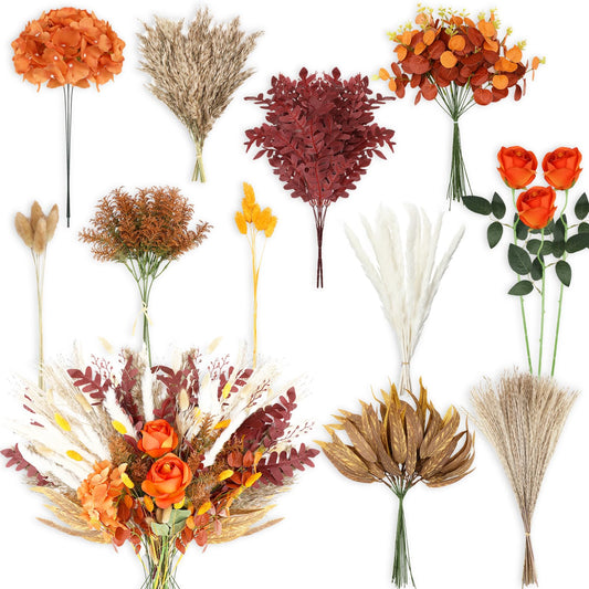 Cindeer 125 Pcs Fall Artificial Greenery Spray Box Set with 11 Kinds of Faux Pampas Grass and Flowers Fake Foliage Picks Bulk for DIY Bridal Bouquets Arrangement Wedding Thanksgiving Home Decor
