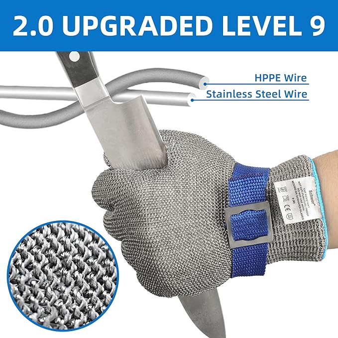Schwer SlicePro ANSI A9 Cut Resistant Glove PR1707, Food Grade Stainless Steel Wire Metal Gloves, Cutting Gloves for Kitchen, Meat Cutting, Oyster Shucking, Fish Fillet, Non-PFAS（L, 2 PCS）