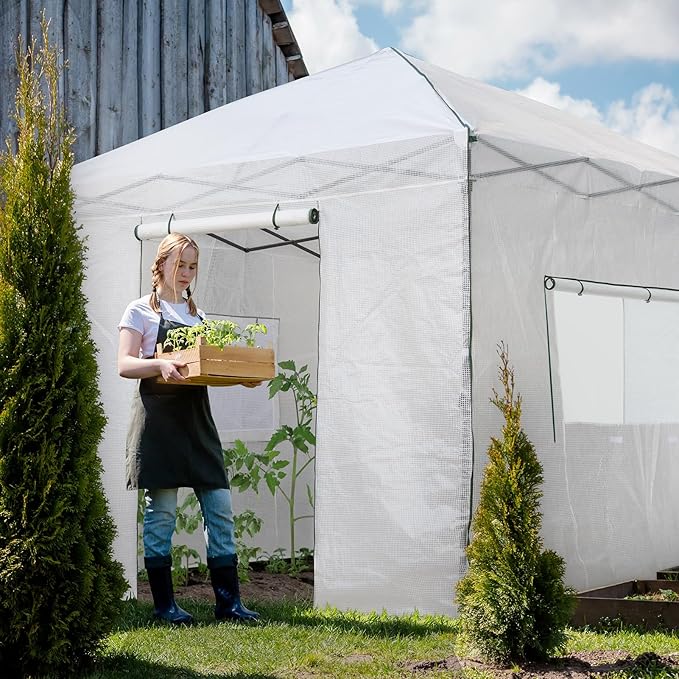 EAGLE PEAK Instant Pop-up Greenhouse, Indoor Outdoor Plant Gardening Green House, Roll-Up Zipper Doors and Side Windows, Walk in 10x10 ft, White/Clear