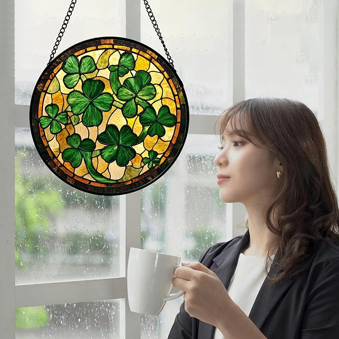 QZQCBLC Stained Glass Window Hanging Green Retro Lucky Clover 9.8" - Suncatcher Door Garden Sun Catcher Ireland Decor Birthday Mother's St. Ripack's Day Gift for Woman Mom Men Friend Nana Wife