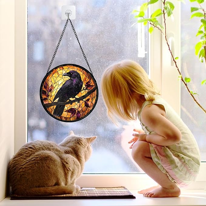 DASTOLL Stained Glass Window Hanging - Crow on a Branch Suncatcher Ready to Hang Window Doors Home Decoration and Christmas, Mother's Day Birthday Gifts for Women, Men, and Mom 11.8x11.8 in