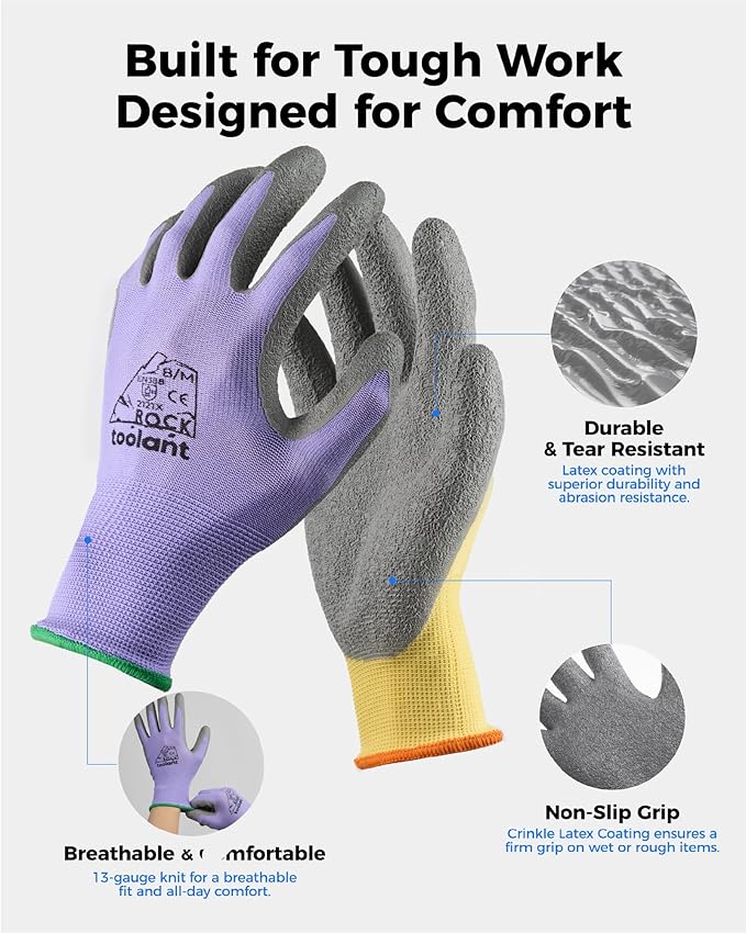 toolant Crinkle Latex Work Gloves Bulk, Rubber Coated Safety Work Gloves for Men and Women, 12 Pairs for Construction, Gardening, Warehouse (Purple & Yellow, XX-Large)
