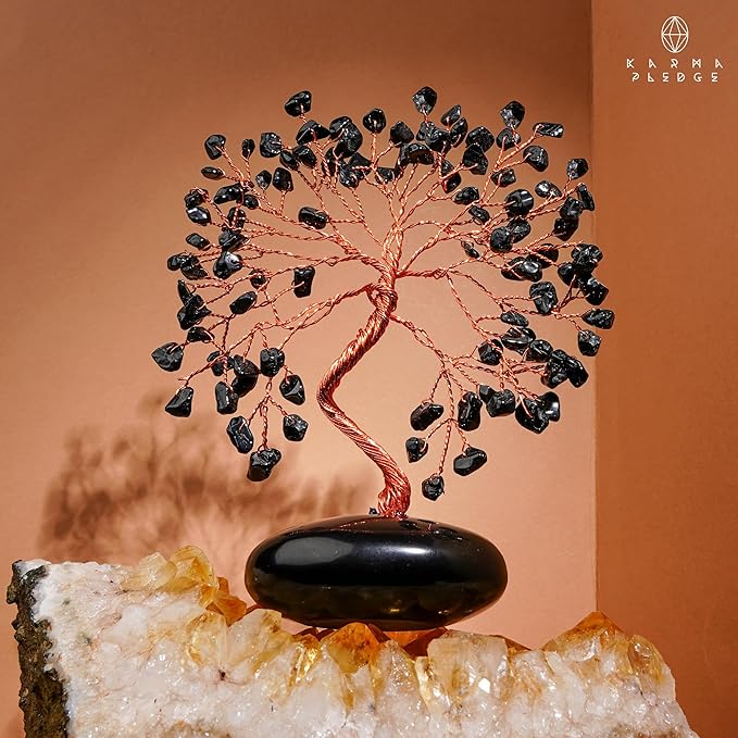 KARMAPLEDGE Black Obsidian Crystal Tree of Life Gifts for Women, Home and Office Desk Decor, 7 Chakra Reiki Healing, Tree for Positive Energy, Good Luck, Money, Meditation, Birthday Gifts