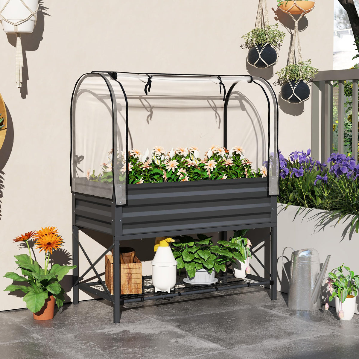Outsunny Raised Garden Bed with Cover and Storage Shelf, Dark Gray