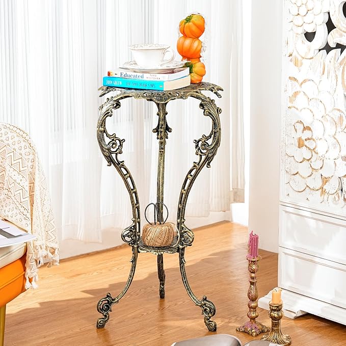 Sungmor Vintage Cast Iron Plant Stand - Ornate Gold Pedestal Table for Indoor Outdoor Garden, 27.5" Antique Metal Flower Pot Holder, Victorian Style Plant Display Stand - Patio, Porch, Balcony Décor