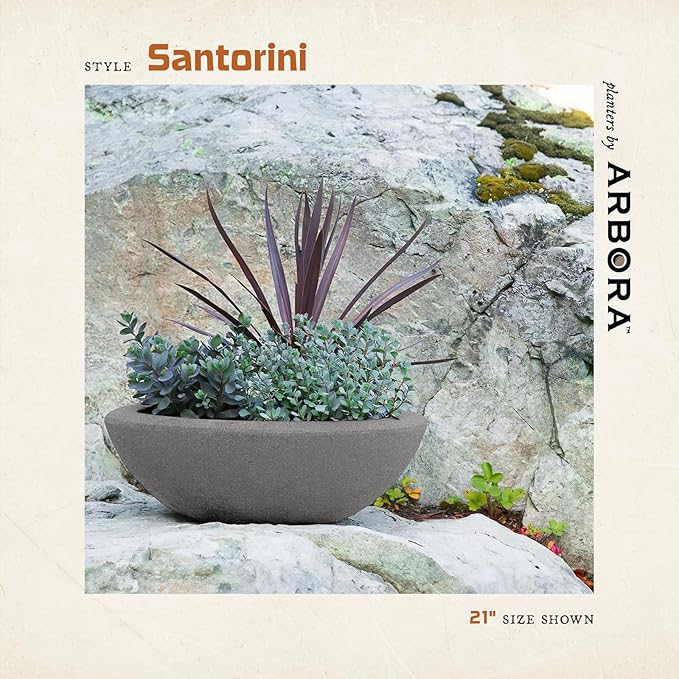 ARBORA 26" Santorini Bowl 2-Pack with Stone Blend Concrete Gray Finish - Polyresin Indoor and Outdoor Planters, Durable, Weatherproof, Lightweight, Large Plant Pots for Patio, Garden, Deck, Entryway
