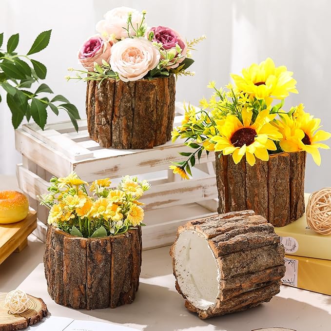 12 Pcs Wooden Vase for Centerpieces Woodland Table Decor Wooden Flower Vase Rustic Bark Stump Buckets Vintage Wood Planter Pots for Garden Party Wedding Window Home Farmhouse (Large)