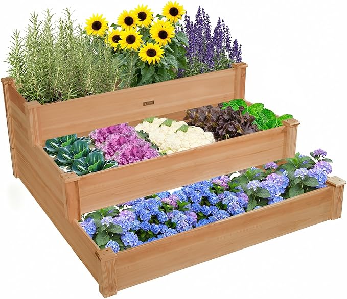 3-Tier Raised Garden Bed with Fabric Liner, Wood Elevated Planter Box with Dovetail Joint Design, 3 Dividable Bed Kit for Vegetables/Herbs/Flowers, Outdoor Gardening for Patio, Lawn, Balcony