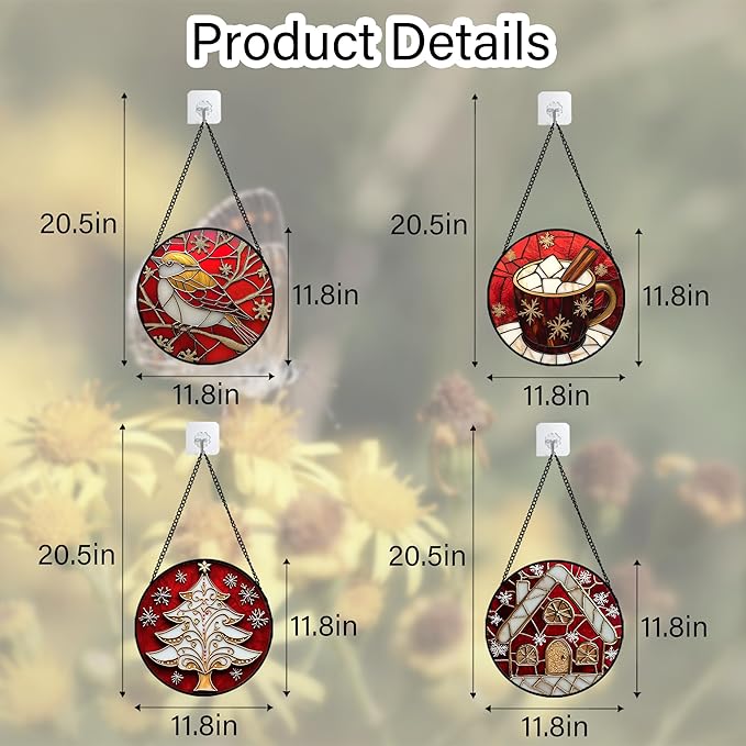Stained Glass Window Hanging 4 Pcs Set Red Christmas Themed Decorations Large 11.8" - Suncatcher Door Garden Sun Catcher Decor Birthday New Year for Mom Woman Nana Men