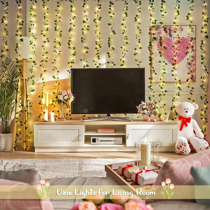 JMEXSUSS Vines Lights for Bedroom, 200 LED Vines Fairy Lights, Artificial Ivy Leaf Light for Wall Curtain Wedding Party Christmas Indoor Decor, 6.5ft x 6.5ft with Remote